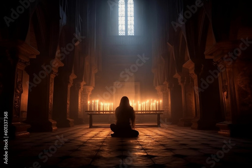 Person on their knees, praying in a gothic church with candles. The artwork depicts the spiritual and mystical experience of connecting with the divine. Ai generated