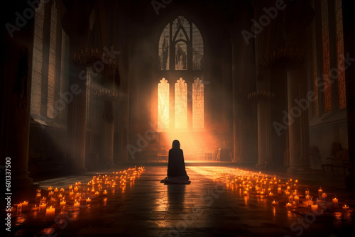 Person on their knees, praying in a gothic church with candles. The artwork depicts the spiritual and mystical experience of connecting with the divine. Ai generated