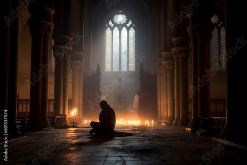 Person on their knees, praying in a gothic church with candles. The artwork depicts the spiritual and mystical experience of connecting with the divine. Ai generated