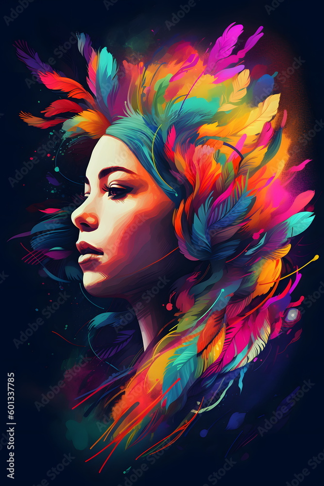 Woman's face with colorful feathers on her head and black background. Generative AI.
