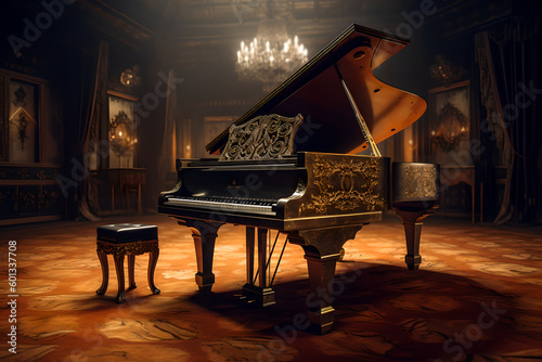 Magnificent luxurious piano in a n empty classic room