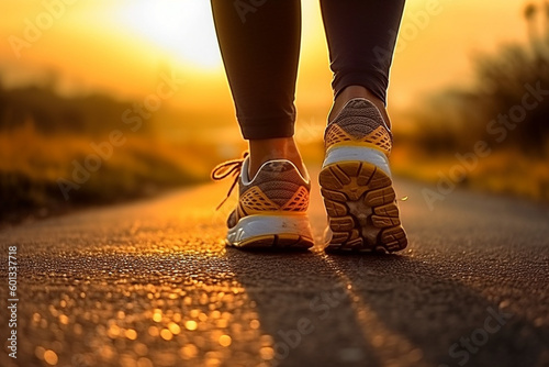 Sport Runner from the back, with a close-up of their legs and shoes on the lane at sunset. Ai generated