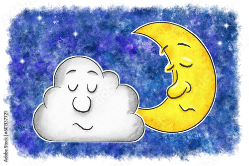 illustration of sleeping cartoon moon with cloud in watercolor night sky photo