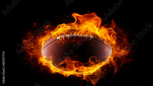 Football on fire with the ball in the middle of it's flames. Generative AI.