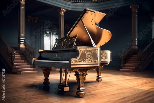 Magnificent luxurious piano in a n empty classic room