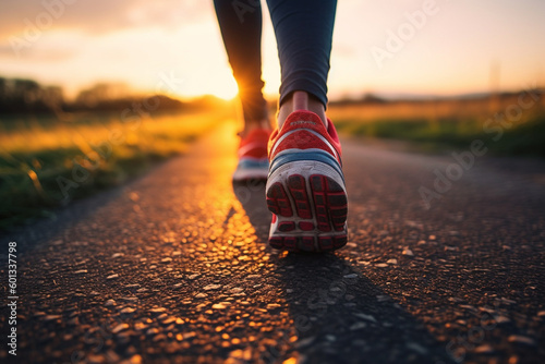 Sport Runner from the back, with a close-up of their legs and shoes on the lane at sunset. Ai generated