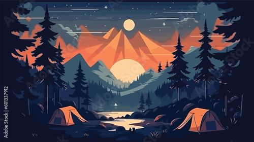 illustration of Camping Evening Scene. Tent, Campfire, Pine forest and rocky mountains background, starry night sky with moonlight