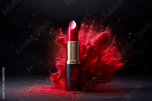 Red lipstick with splash of red powder on the top of it. Generative AI.