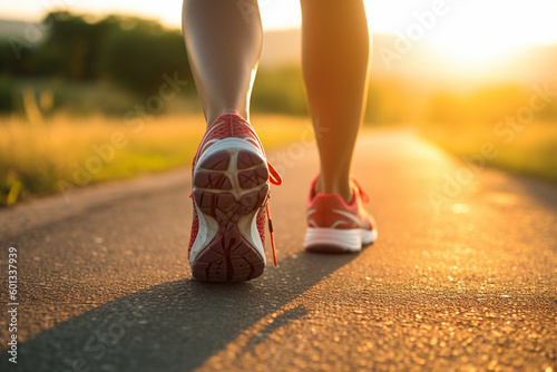 Sport Runner from the back, with a close-up of their legs and shoes on the lane at sunset. Ai generated