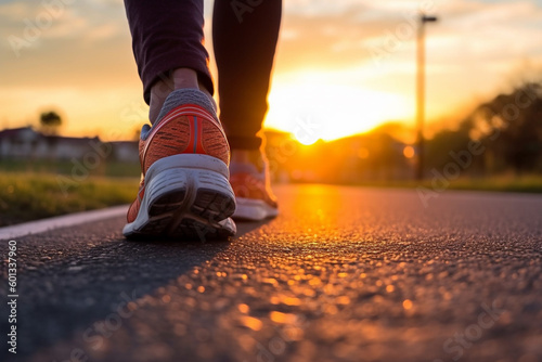 Sport Runner from the back, with a close-up of their legs and shoes on the lane at sunset. Ai generated