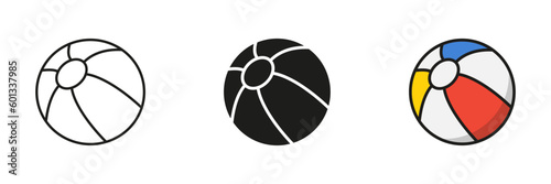 Beach Ball Black Silhouette and Line Icon Set. Ball for Play Sports Game Solid and Outline Black and Color Symbol Collection on White Background. Isolated Vector Illustration