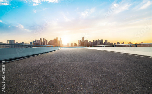 Empty road floor surface with modern city landmark buildings of hangzhou bund Skyline zhejiang china