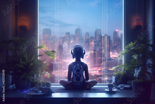 person sitting in lotus asana position next to a large window with lush green plants, as if they are meditating in a garden. ai generated