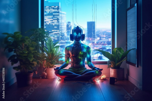 person sitting in lotus asana position next to a large window with lush green plants  as if they are meditating in a garden. ai generated