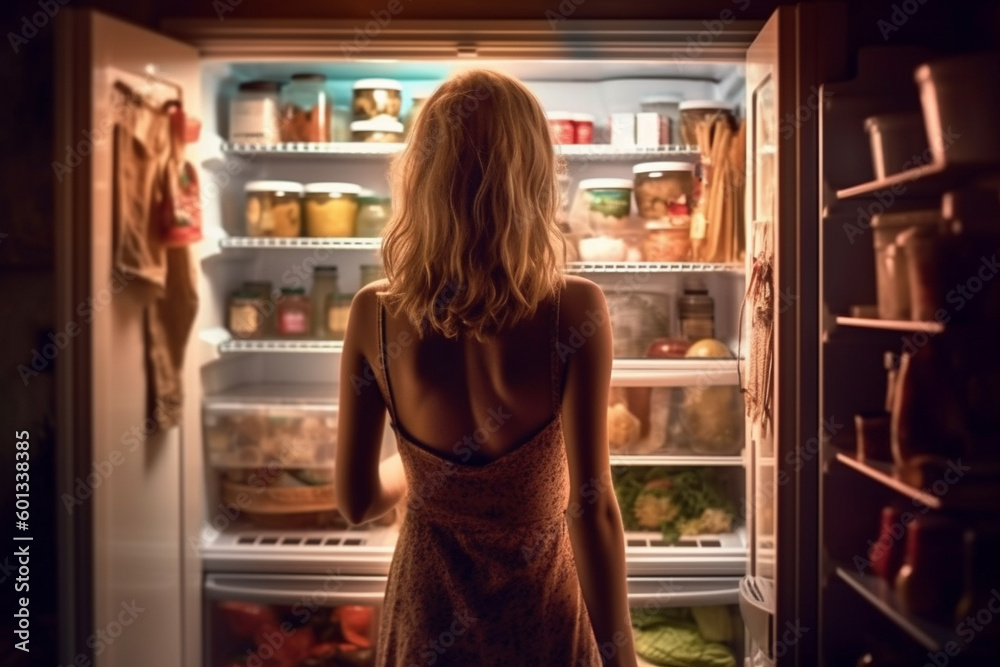 Woman standing in front of an open fridge, looking for a midnight snack. The artwork highlights the temptation of convenience and the struggle with hunger and self-control. Ai generated Woman standing in front of an open fridge, looking for a midnight snack. The artwork highlights the temptation of convenience and the struggle with hunger and self-control. Ai generated