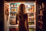 Woman standing in front of an open fridge, looking for a midnight snack. The artwork highlights the temptation of convenience and the struggle with hunger and self-control. Ai generated