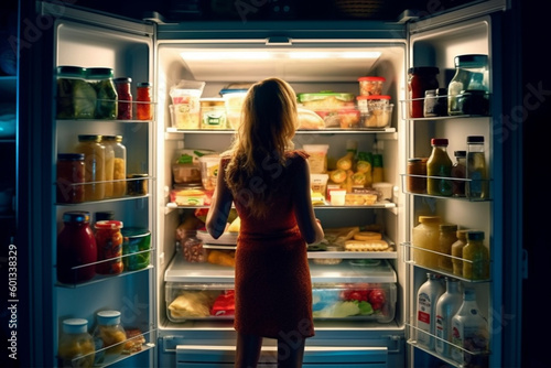 Woman standing in front of an open fridge, looking for a midnight snack. The artwork highlights the temptation of convenience and the struggle with hunger and self-control. Ai generated