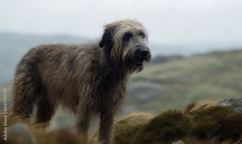 Photo of Irish wolfhound standing majestically on a rocky cliff overlooking misty windswept moor. canine's thick shaggy coat ripples in breeze as it surveys the vast, untamed landscape. Generative AI