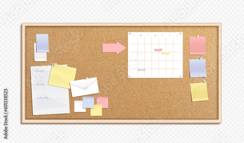Realistic cork board with memo papers. Vector illustration of bulletin with pinned message stickers, weekly schedule planner, to-do list sheet, blank color sticky notes. Time management template