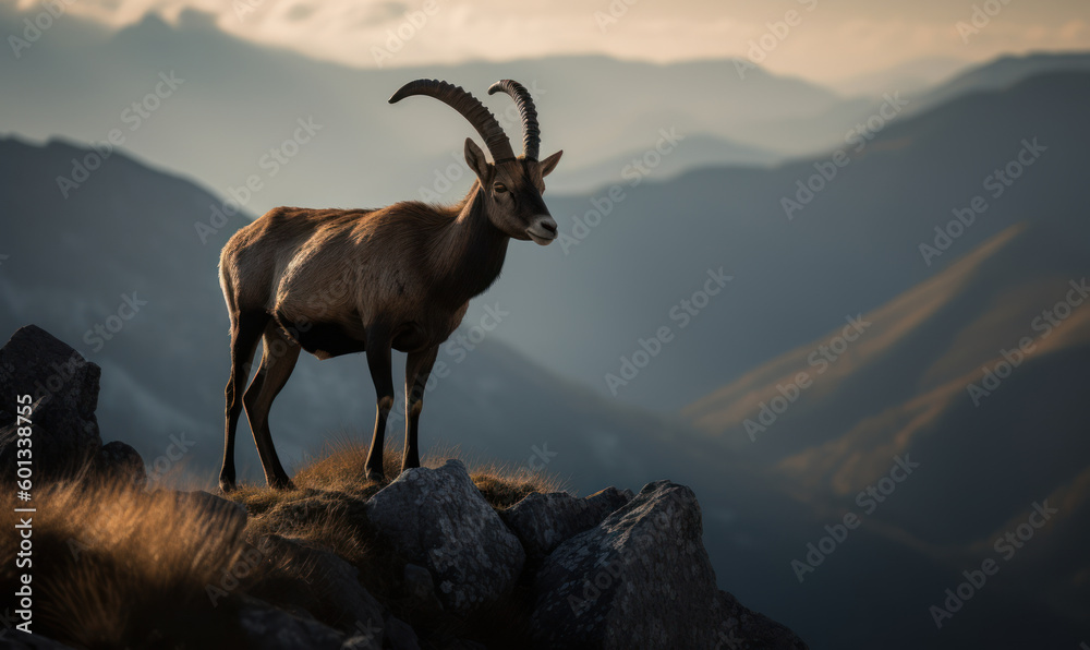Photo of ibex, majestically standing atop a rocky outcrop overlooking the steep mountain valley below. image showcases the ibex's powerful build, impressive horns, and keen gaze. Generative AI