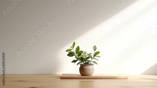 Green plant in a vase on the table  floor with white background  natural ight  minimalism wallpaper created with Generative AI technology
