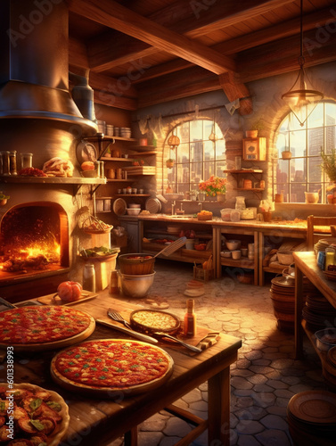 A warm and cozy kitchen that provides an atmosphere for making pizza with the fragrant aroma of spices.