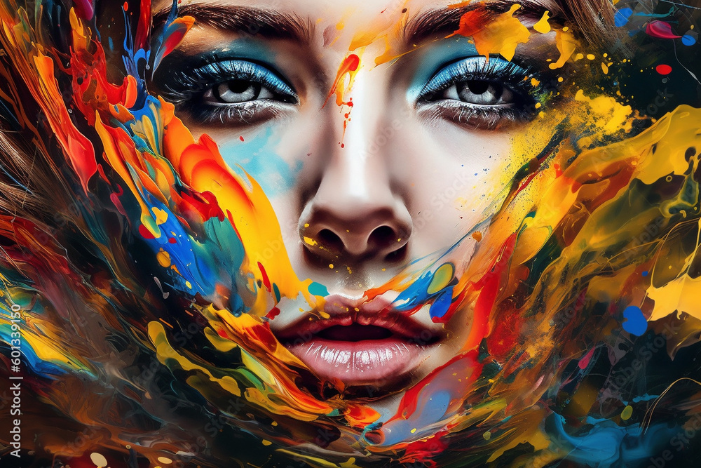 Beautiful woman's face made of oil paint, showcasing a unique and artistic creative approach to beauty. Ai generated