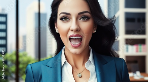 a fictional brunette business woman with a surprised look on her face in front of a cityscape with skyscrapers and clouds, AI Generated, photo