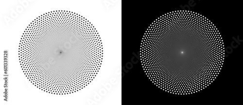 Modern abstract background with halftone triangles in circle form. Round logo. Black shape on a white background and the same white shape on the black side.