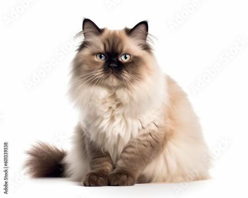 photo of Himalayan cat isolated on white background. Generative AI