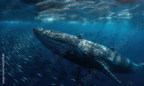Photo of humpback whale  majestic and serene  gliding through a deep  turquoise sea with a school of shimmering fish in tow that emphasizes the whale s massive size and fluid movements. Generative AI