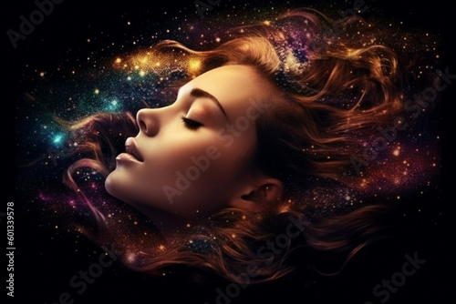 Beautiful woman's head with her eyes closed and her hair transformed into vibrant stars and galaxies, creating a dreamy and ethereal scene. Ai generated