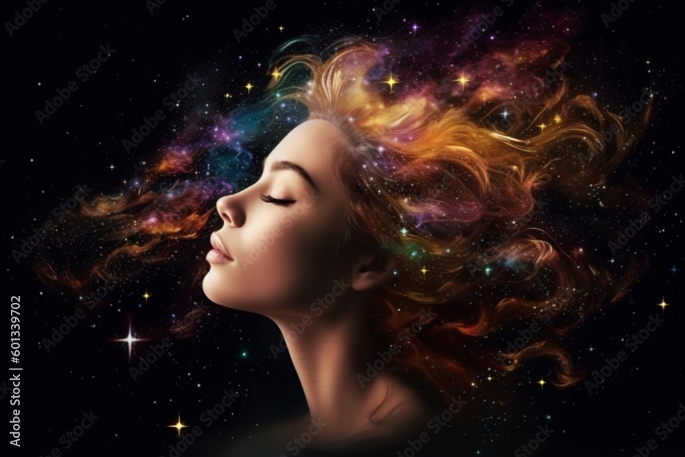 Beautiful woman's head with her eyes closed and her hair transformed into vibrant stars and galaxies, creating a dreamy and ethereal scene. Ai generated Beautiful woman's head with her eyes closed and her hair transformed into vibrant stars and galaxies, creating a dreamy and ethereal scene. Ai generated