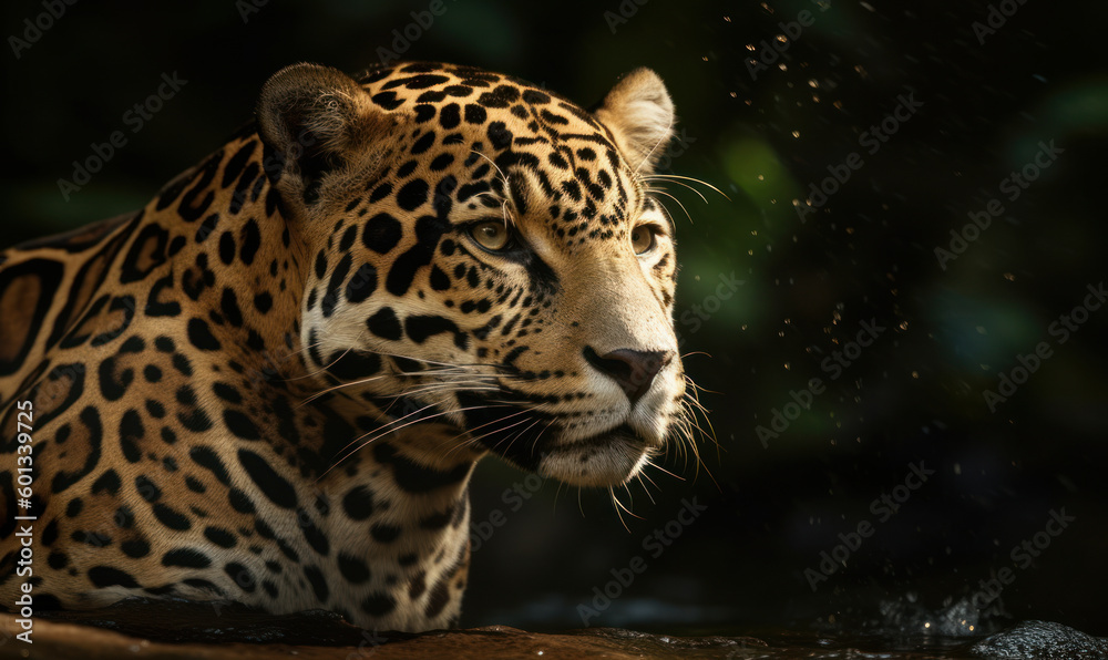 Obraz premium close up photo of jaguar on blurry green jungle background. Generative AI
