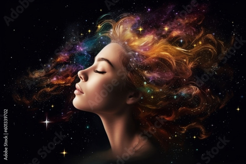 Beautiful woman's head with her eyes closed and her hair transformed into vibrant stars and galaxies, creating a dreamy and ethereal scene. Ai generated