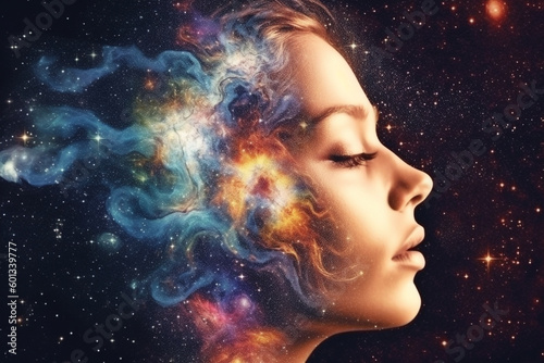 Beautiful woman's head with her eyes closed and her hair transformed into vibrant stars and galaxies, creating a dreamy and ethereal scene. Ai generated photo