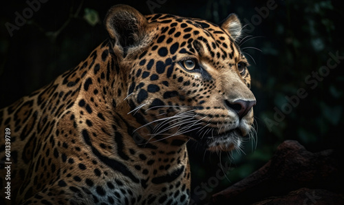 close up photo of jaguar on blurry green jungle background. Generative AI