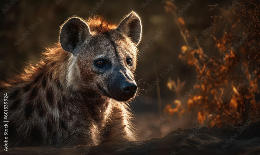 Wild Hyena Roaming the African Plains, its fierce expression is highlighted, while its mottled fur blends seamlessly with the rugged savannah background. Generative AI Wild Hyena Roaming the African Plains, its fierce expression is highlighted, while its mottled fur blends seamlessly with the rugged savannah background. Generative AI