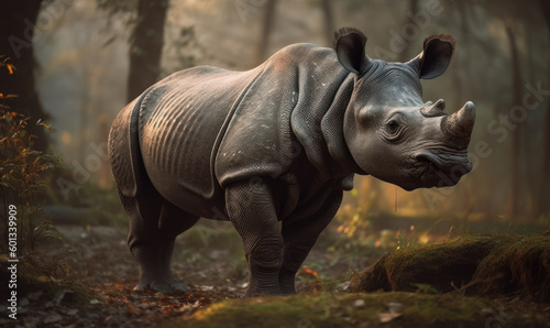 photo of Indian rhinoceros in its natural habitat. Generative AI