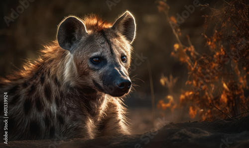 Wild Hyena Roaming the African Plains, its fierce expression is highlighted, while its mottled fur blends seamlessly with the rugged savannah background. Generative AI