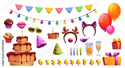 Child birthday party design elements set isolated on white background. Vector cartoon illustration of delicious cake, cupcakes, candles, festive hats, gift boxes, color air balloons, flags, garlands