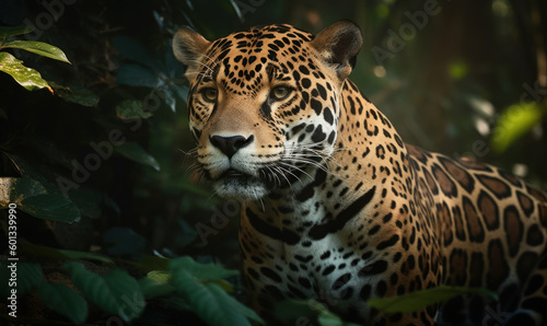 close up photo of jaguar on blurry green jungle background. Generative AI