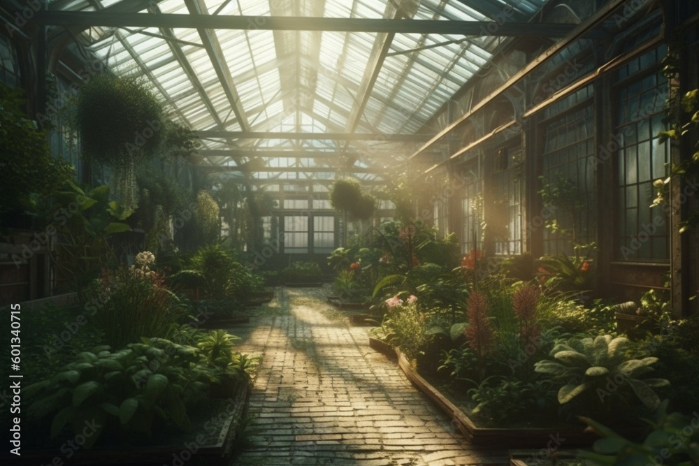 Greenhouse with sunlight, Botanical garden background, Generative AI