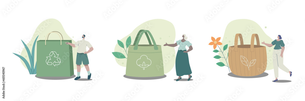Set of Eco bags, Environmental friendly packaging for shopping. Recyclable Biodegradable Sustainable Packaging. Vector design illustration.