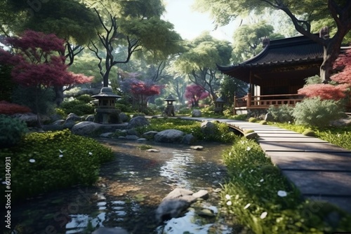Oriental Japanese garden with sunlights, garden background, Generative AI