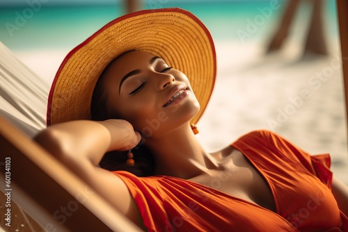 Stylish woman relaxes on a beach tropical island retreat