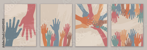 Raised hands group and hands in circle of people diverse culture - poster banner. Racial equality.People diversity community.Creative template landing page design - drawing paint brushes