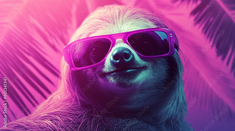 Vaporwave stylish pop art illustration with sloth wearing sunglasses on summer palm trees background. Retro placard template. AI generative image.