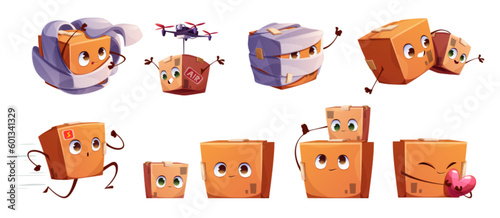 Cute and happy parcel box mascot cartoon illustration. Vector delivery character face expression. Wrapped cardboard package, picked with flying drone in air container and stack hug concept clipart.