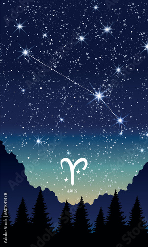 Aries zodiac sign, constellation in the night sky, card for stories with copy space for text. Template for astrology, fortune teller, calendar. Modern vector illustration.